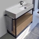 Console Bathroom Vanity, Scarabeo 5120-SOL1-89, Console Sink Vanity With Ceramic Sink and Natural Brown Oak Drawer